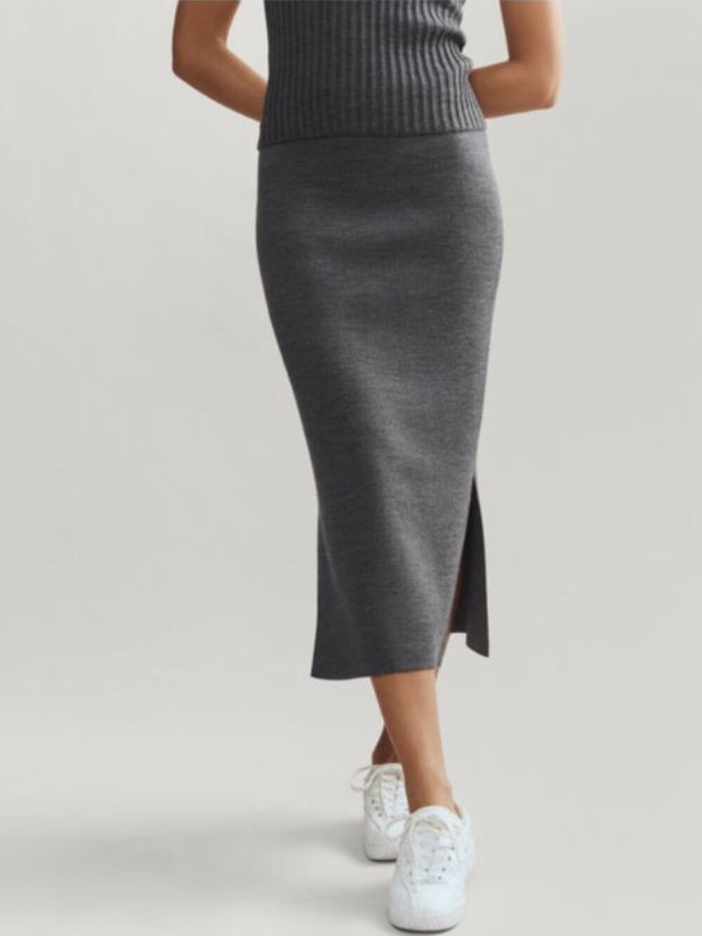 Rhone Porto Merino Wool Blend Sweater Skirt Women's Sz M Knit Midi Gray